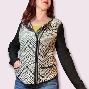 Lucky Brand Zip up Sweater. Moto style with black & white pattern. Sz L